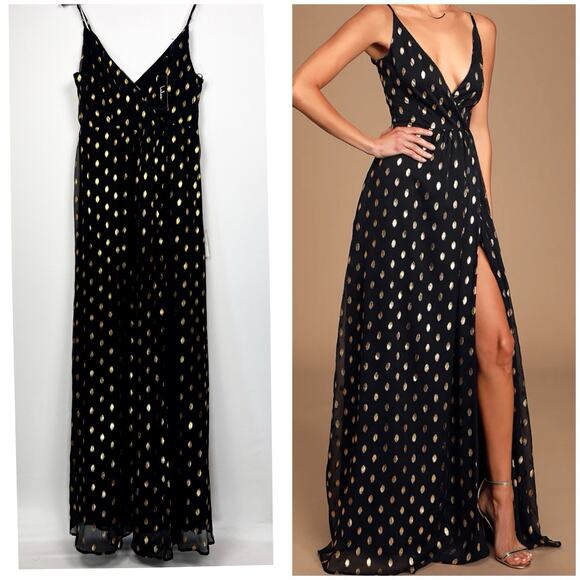 NWT Lulus XL Galaxy Lights Black and Gold Polka Dot Sleeveless Maxi Dress - Picture 3 of 14